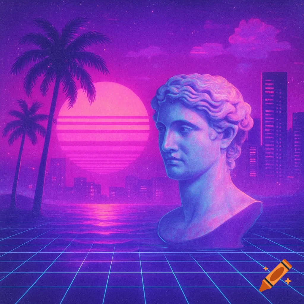 A vaporwave aesthetic features a classical bust, palm trees, and a cityscape against a purple and pink sunset, with a glowing grid plane in the foreground.
