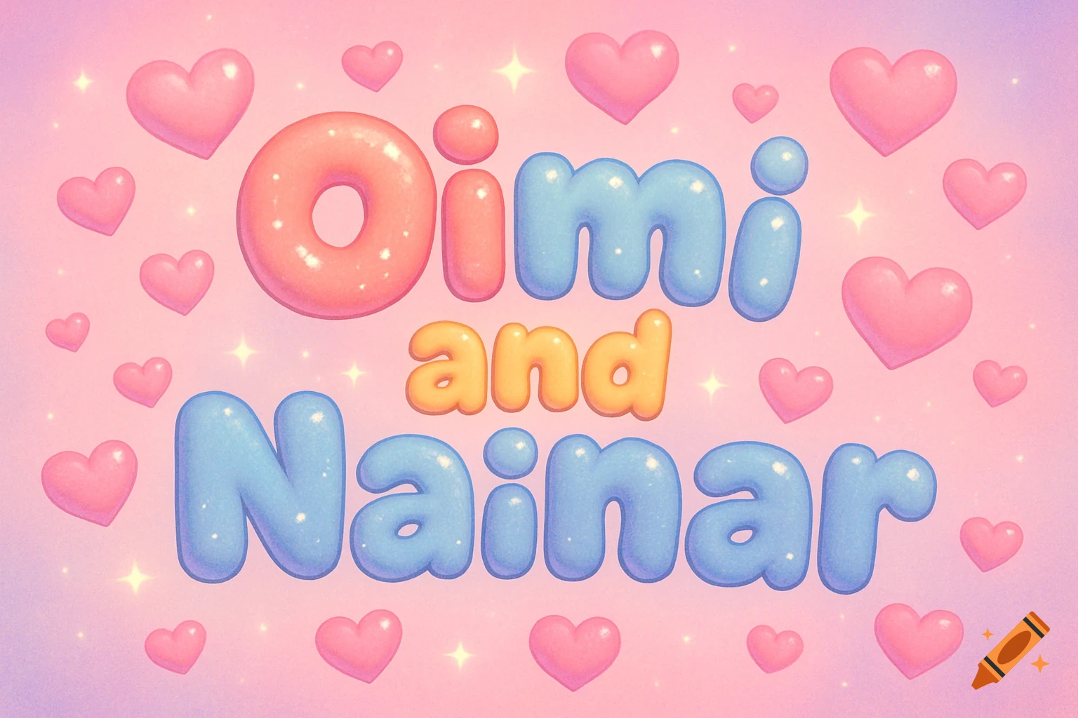 Bubble letters 'Oimi and Nainar' surrounded by pink hearts and sparkles on a gradient pink and purple background.