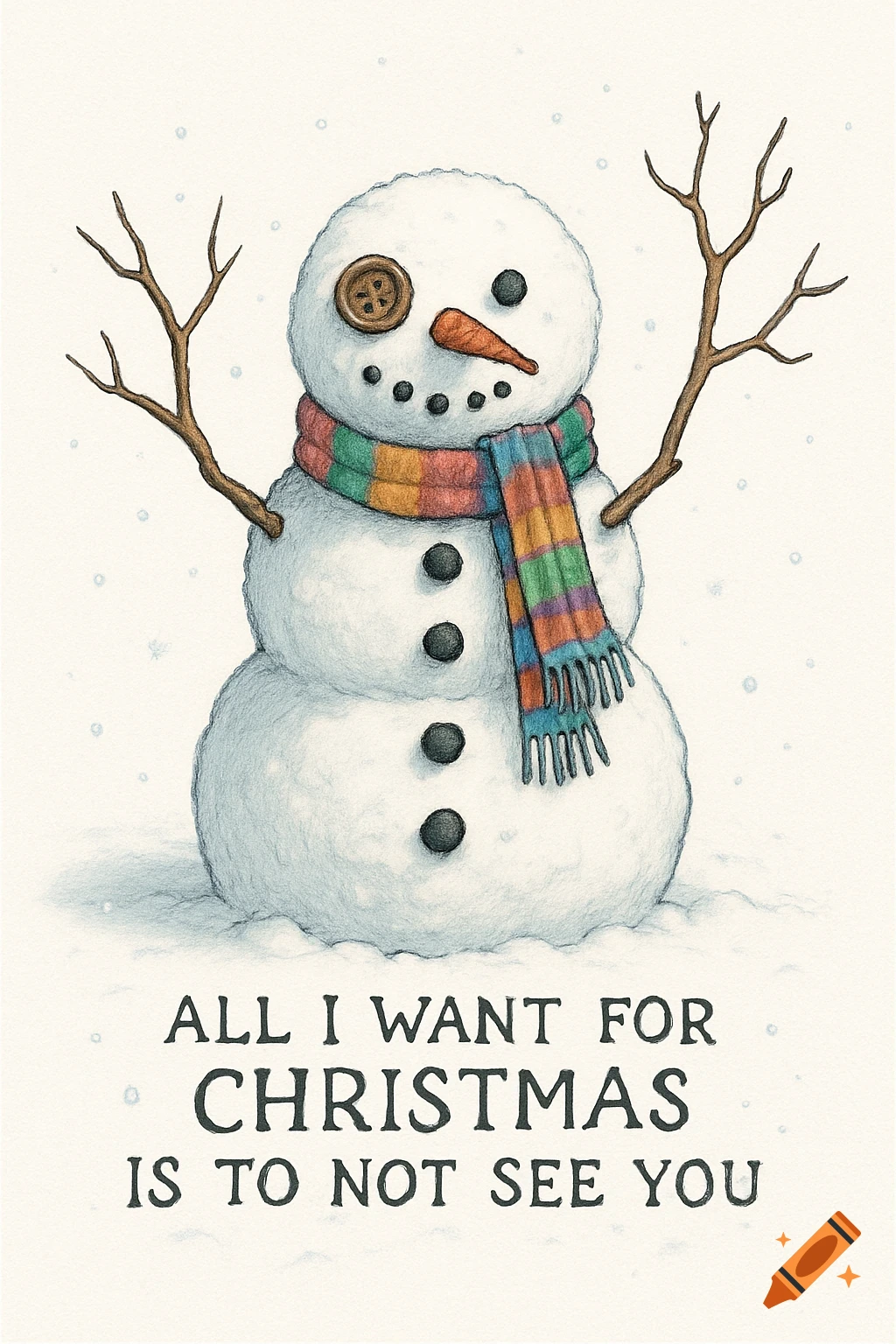 A whimsical illustration of a grumpy snowman wearing a colorful striped scarf, standing in falling snow, with the text "ALL I WANT FOR CHRISTMAS IS TO NOT SEE YOU" below him.