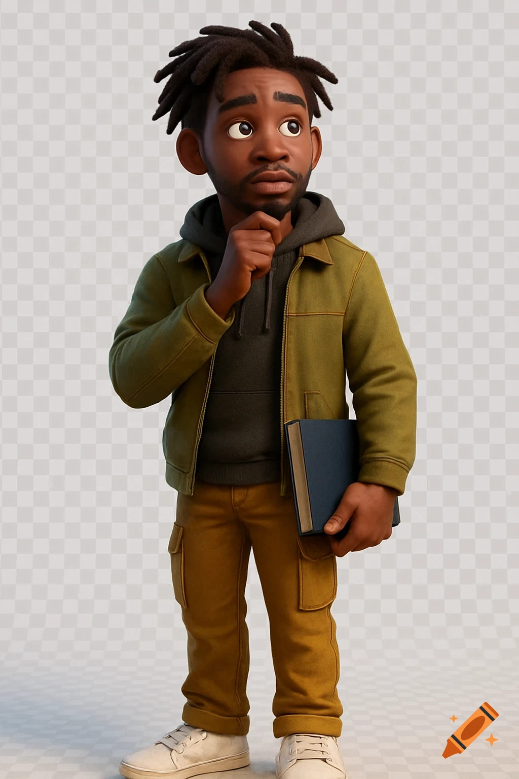 A thoughtful 3D Pixar-style animated man with dreadlocks and a beard, wearing a green jacket and hoodie, holding a dark blue book.