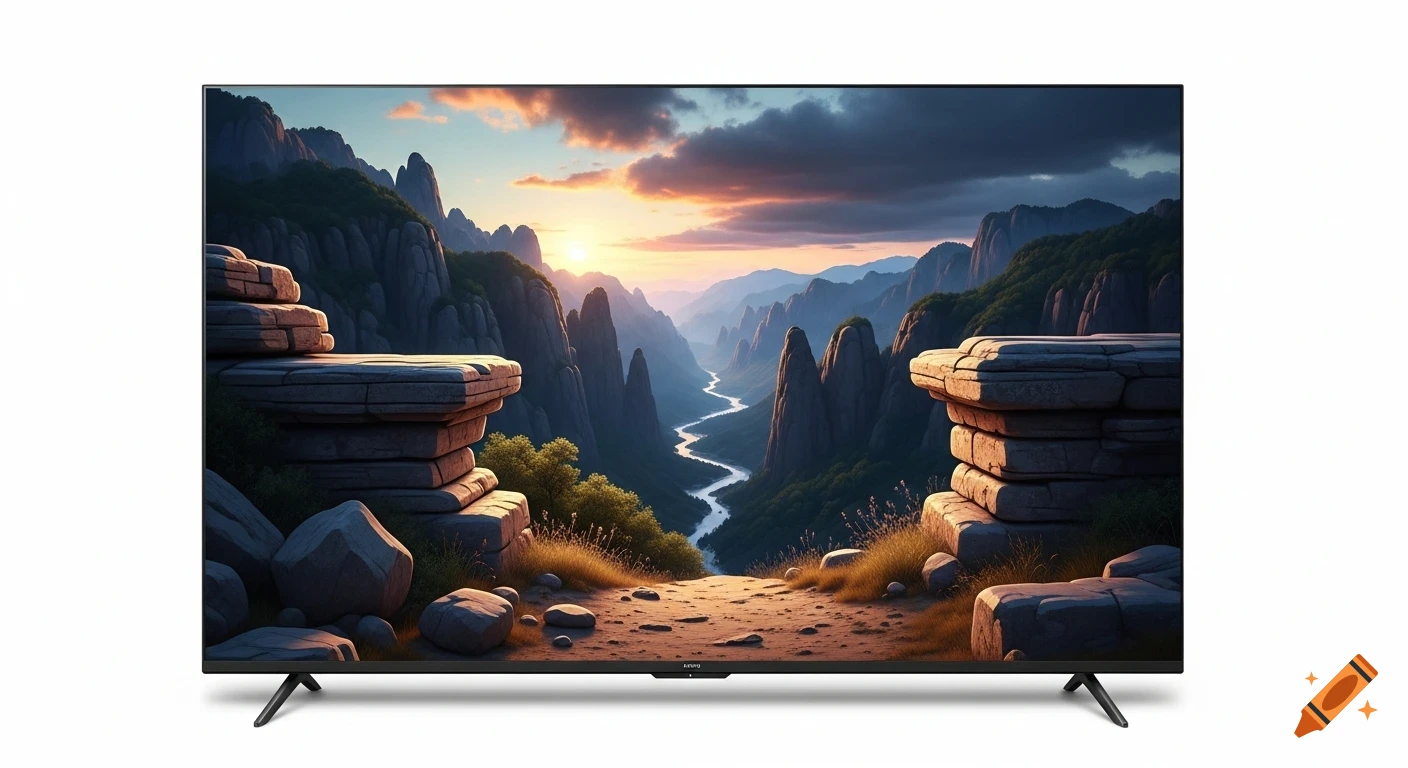 A modern television displaying a vibrant landscape of a winding river through towering mountains at sunset.