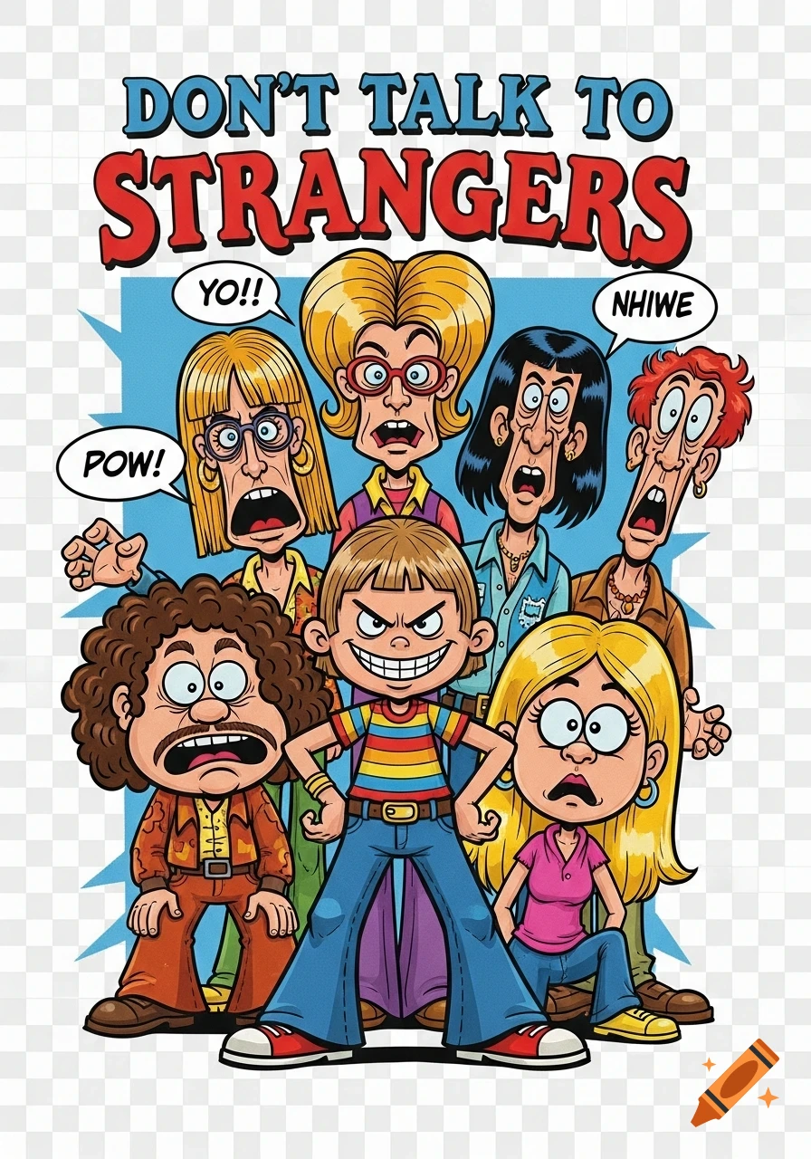 A humorous cartoon depicting a grinning child standing defiantly while several adults and one child behind him express exaggerated fear and shock, with the text "DON'T TALK TO STRANGERS" overhead and various exclamations in speech bubbles, in a retro pop 70s comic style.