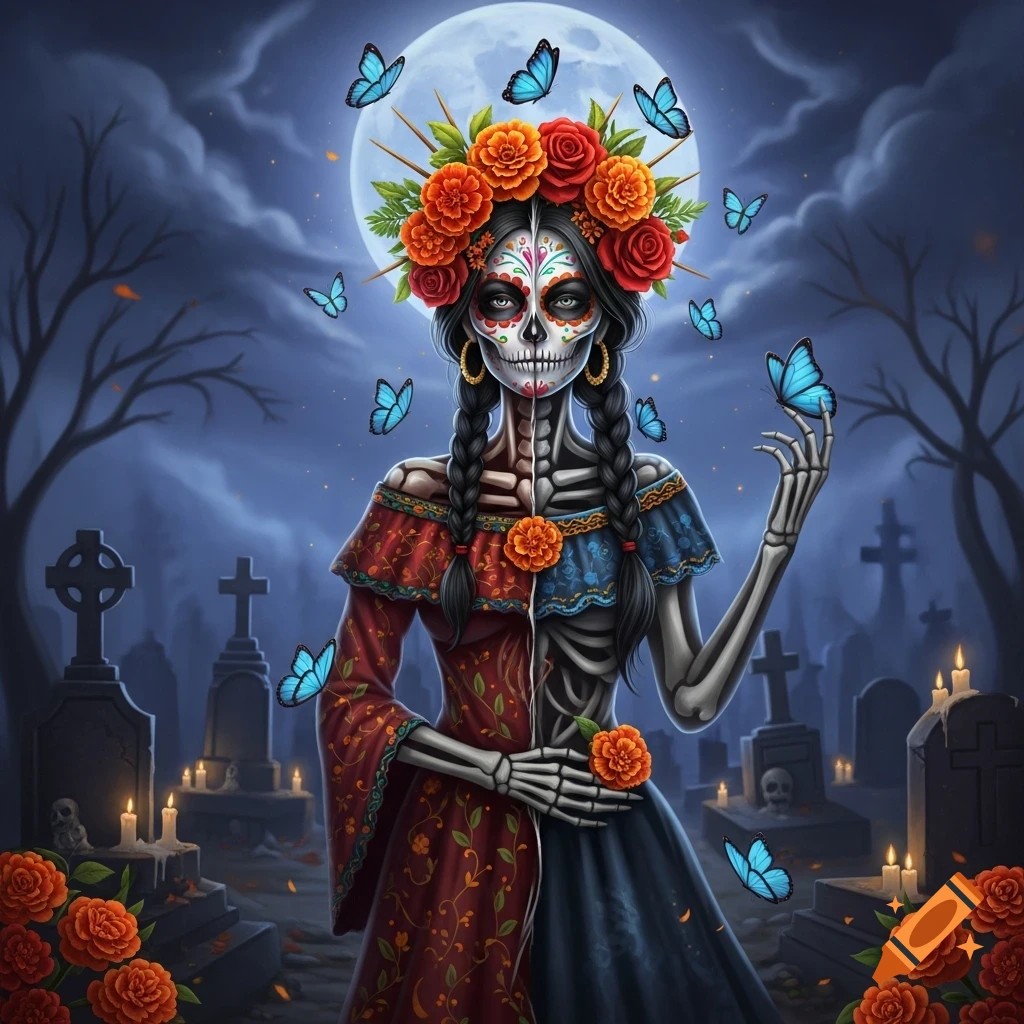 Stylized La Catrina figure, half-living, half-skeleton, in a graveyard at night with a full moon, blue butterflies, and marigolds.