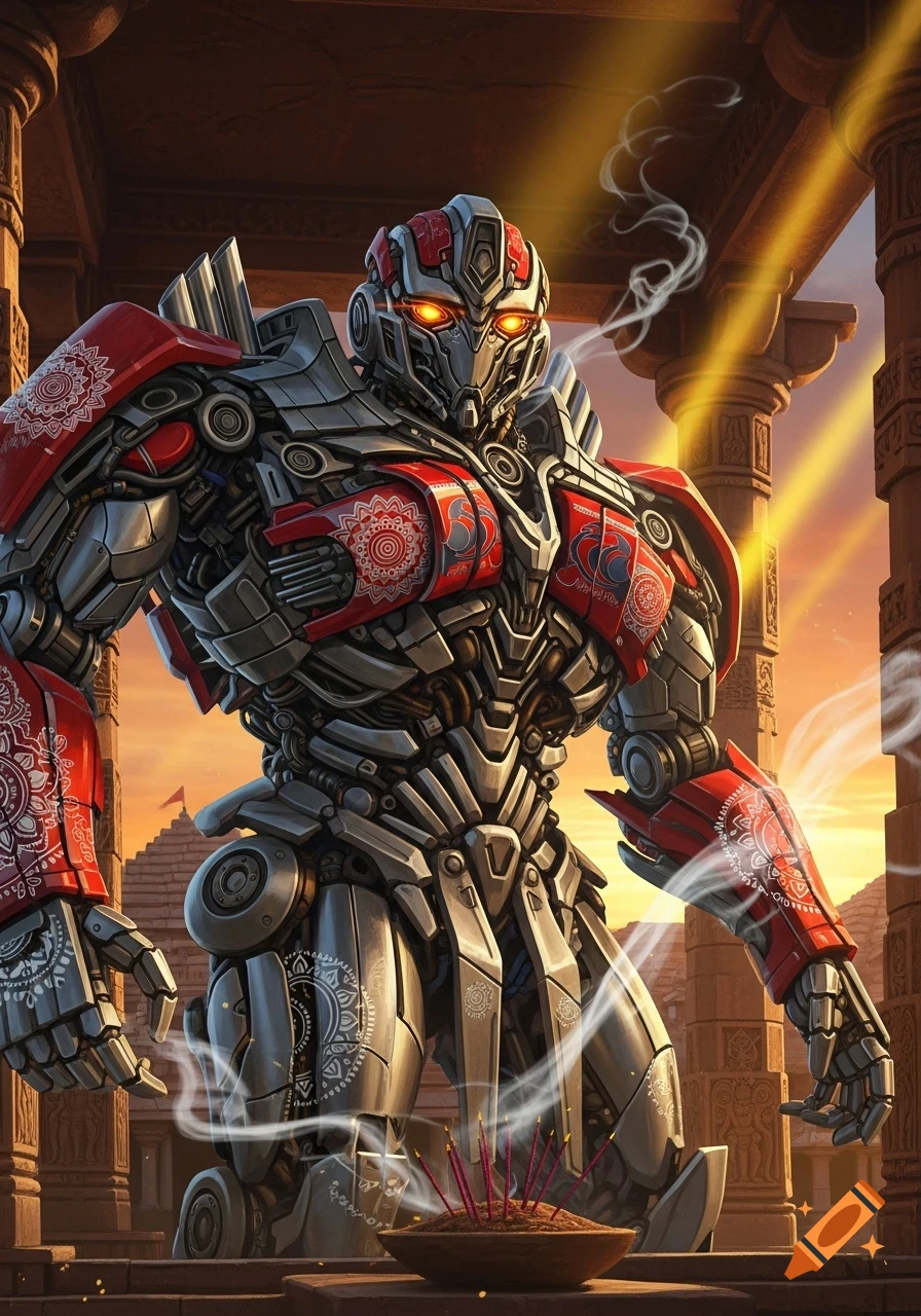 A red and silver robot with glowing eyes and Indian patterns stands in an ancient temple at sunset, with incense burning.