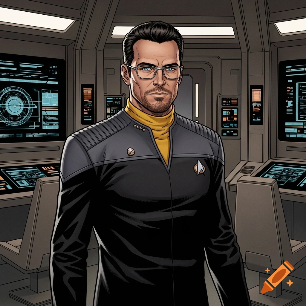 A man in a black and grey Starfleet uniform with a yellow undershirt and glasses stands watch on a spaceship bridge in comic art style.