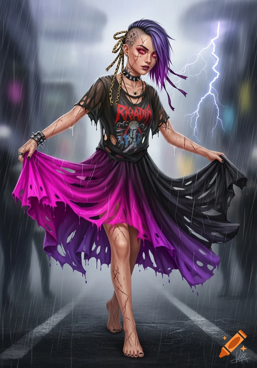 A stylized portrait of a punk woman with purple hair, torn clothes, and scars, standing barefoot in the rain with lightning in the background.