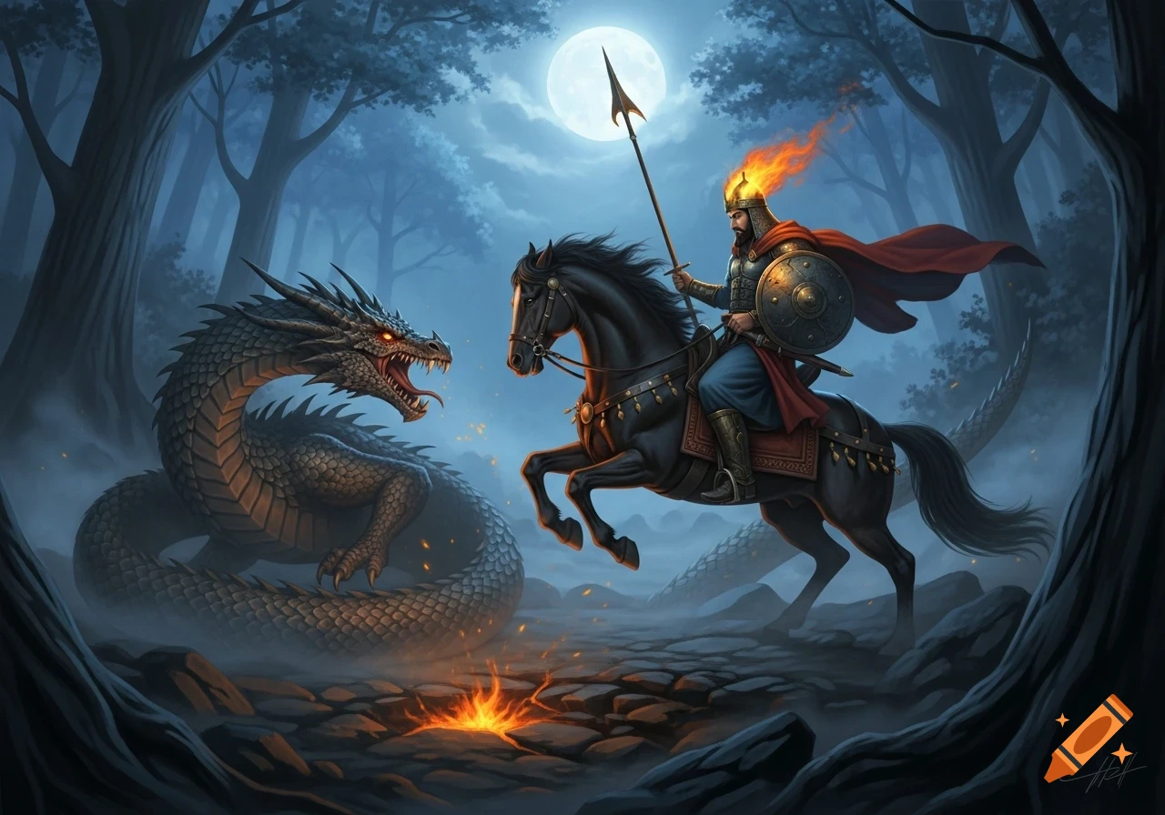 A warrior on a black horse, with a flaming helmet and spear, confronts a fierce dragon in a dark, misty forest under a full moon.