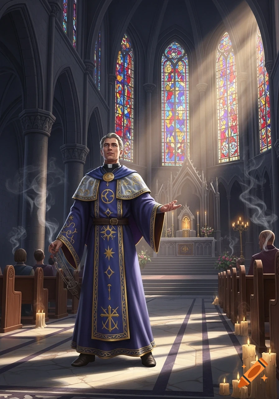 A fantasy priest in ornate purple robes performing a ritual with incense in a gothic church with stained glass windows.