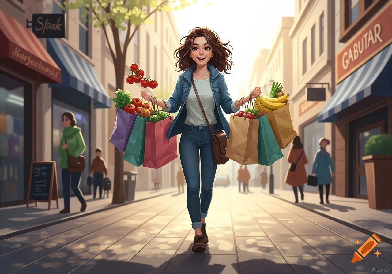 A smiling cartoon girl walks down a sunny city street, carrying several shopping bags full of fresh groceries.