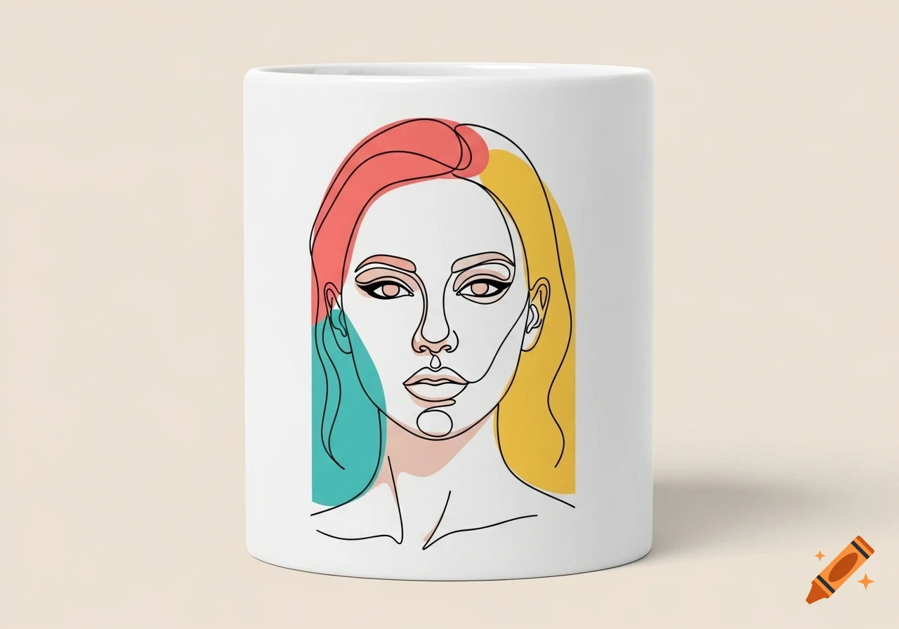 Line art illustration of a woman's face with colorful abstract shapes on a white ceramic mug.