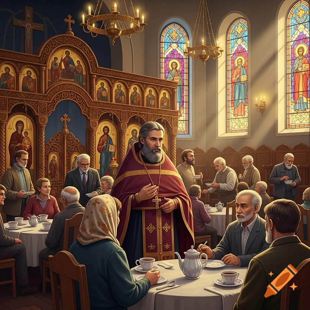 An Orthodox priest in ornate robes stands among a congregation gathered for coffee hour inside a church with an iconostasis and stained glass windows.