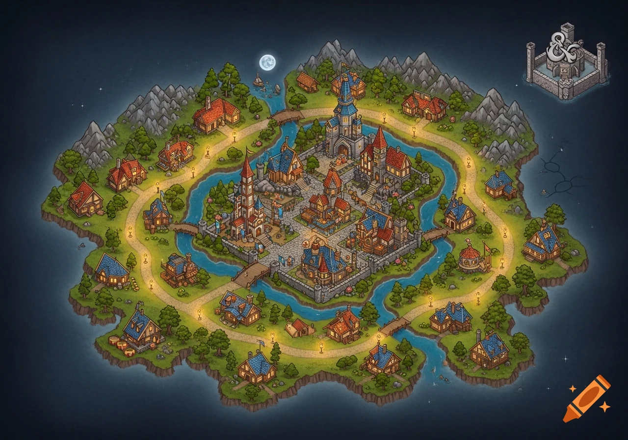 An isometric fantasy world map depicting a walled city, small towns, rivers, mountains, and forests at night, with a D&D logo.