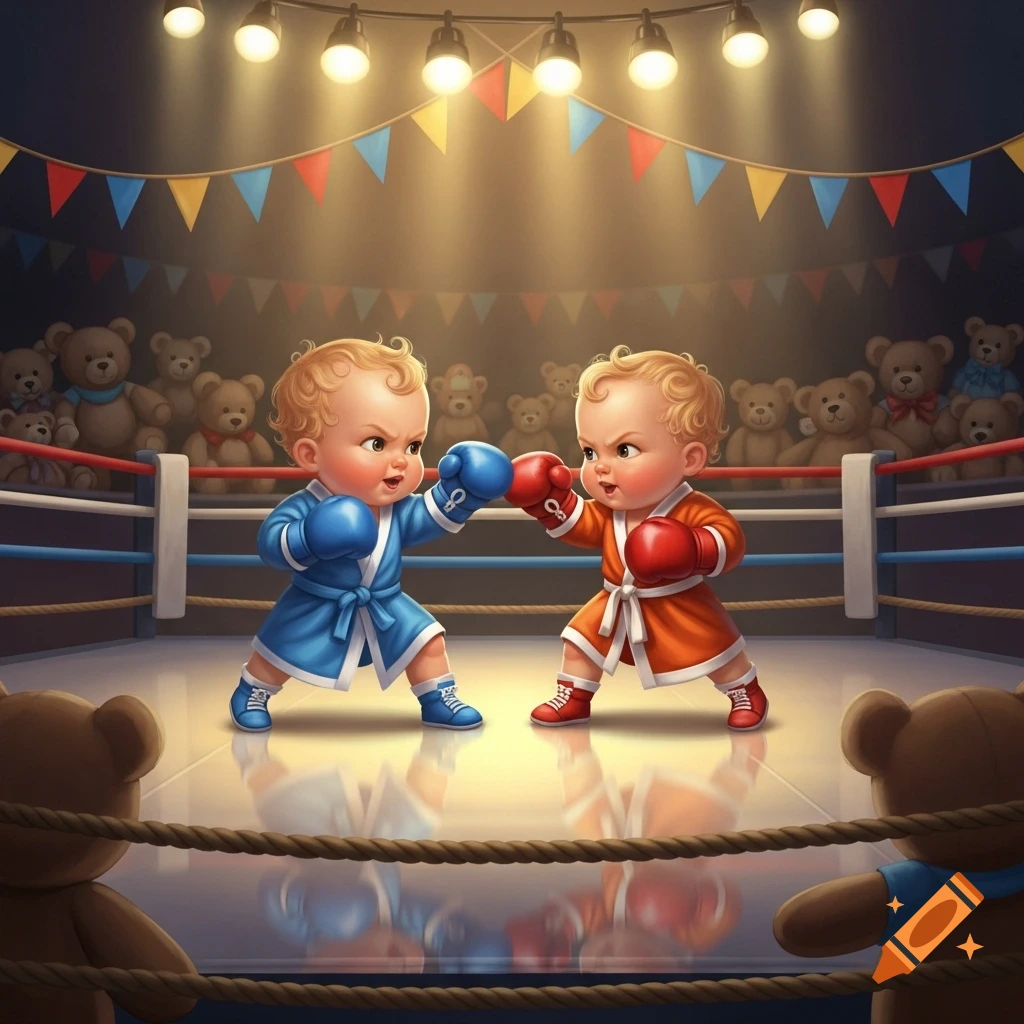 Cartoon of two babies in boxing robes and gloves fighting in a boxing ring, surrounded by teddy bear spectators under spotlights.