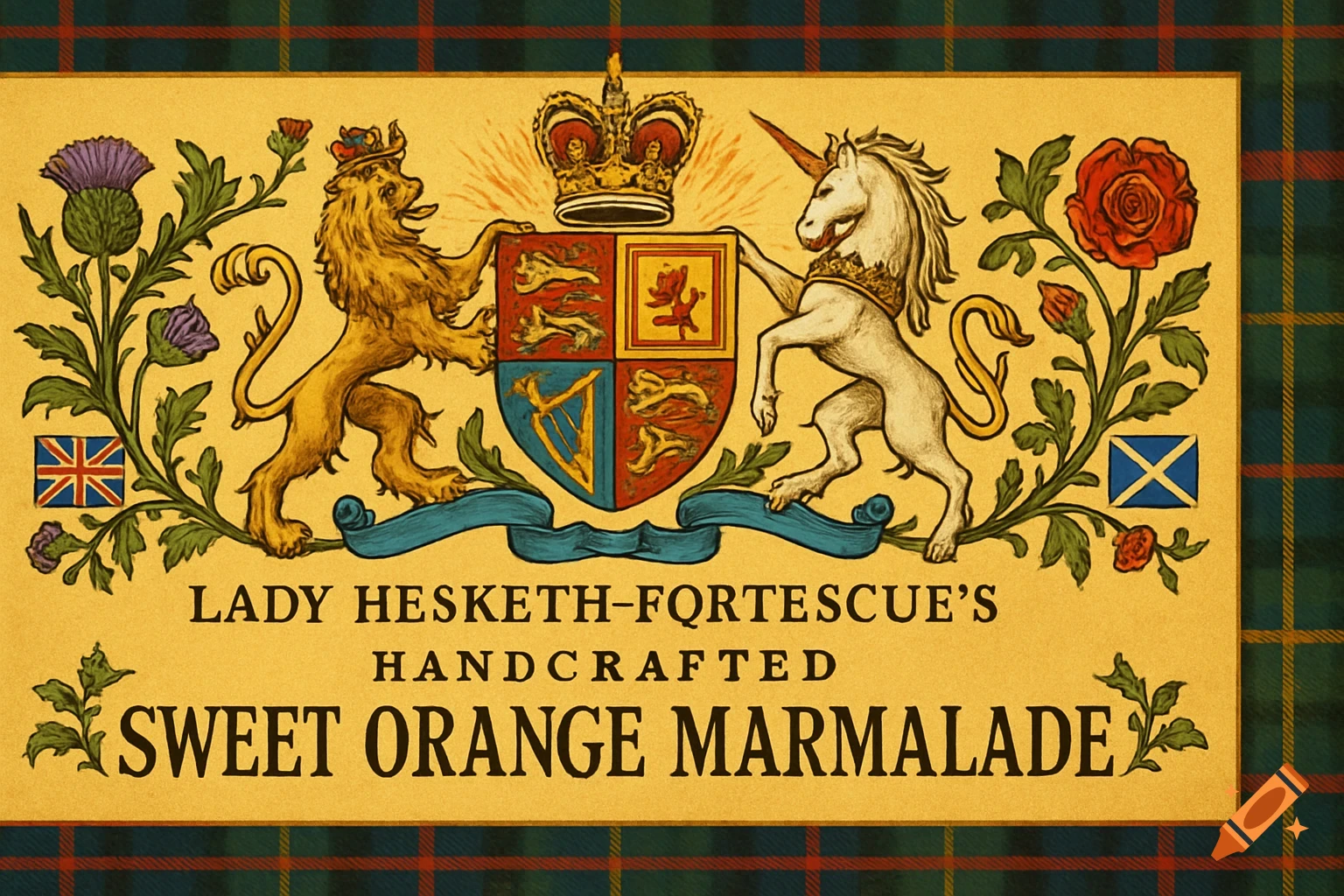 A vintage-style marmalade label featuring a lion, unicorn, shield, crown, thistles, roses, and British flags on a plaid background.