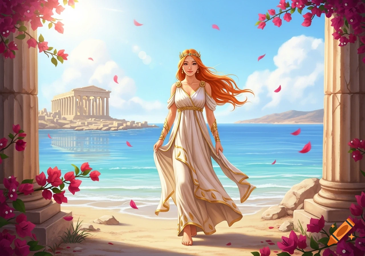 A woman with long orange hair, dressed like an ancient Greek queen, walks barefoot on a sunny beach framed by pink flowers, with ancient ruins across the water.