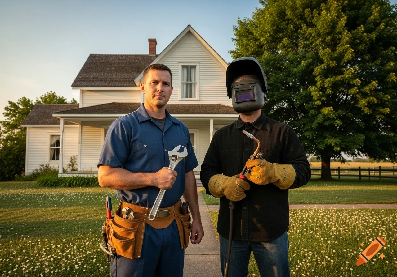 A plumber holding a wrench and a welder in a helmet with a torch stand in front of a white farmhouse with a green lawn.