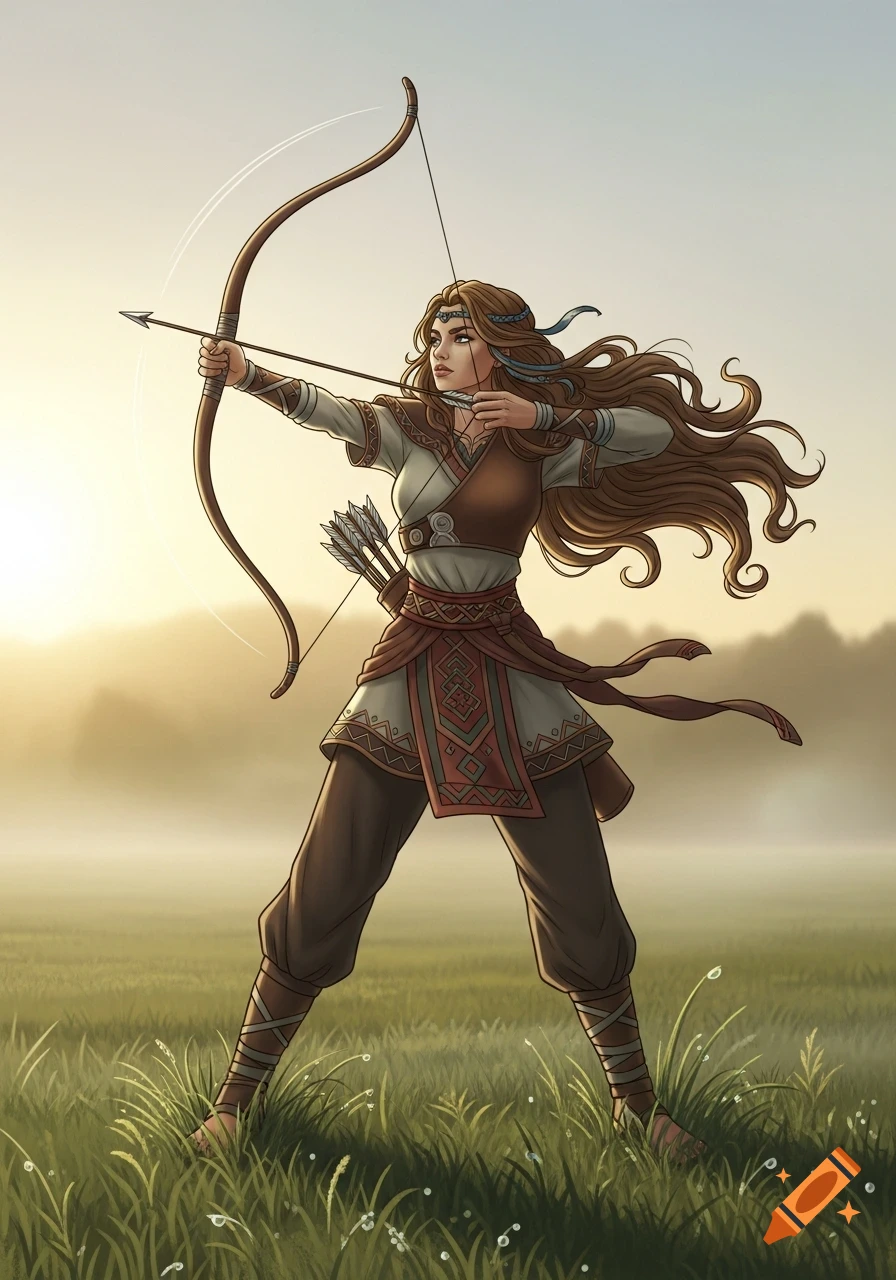 A fantasy illustration of a woman archer with long wavy hair, aiming a bow and arrow in a misty field at sunrise.