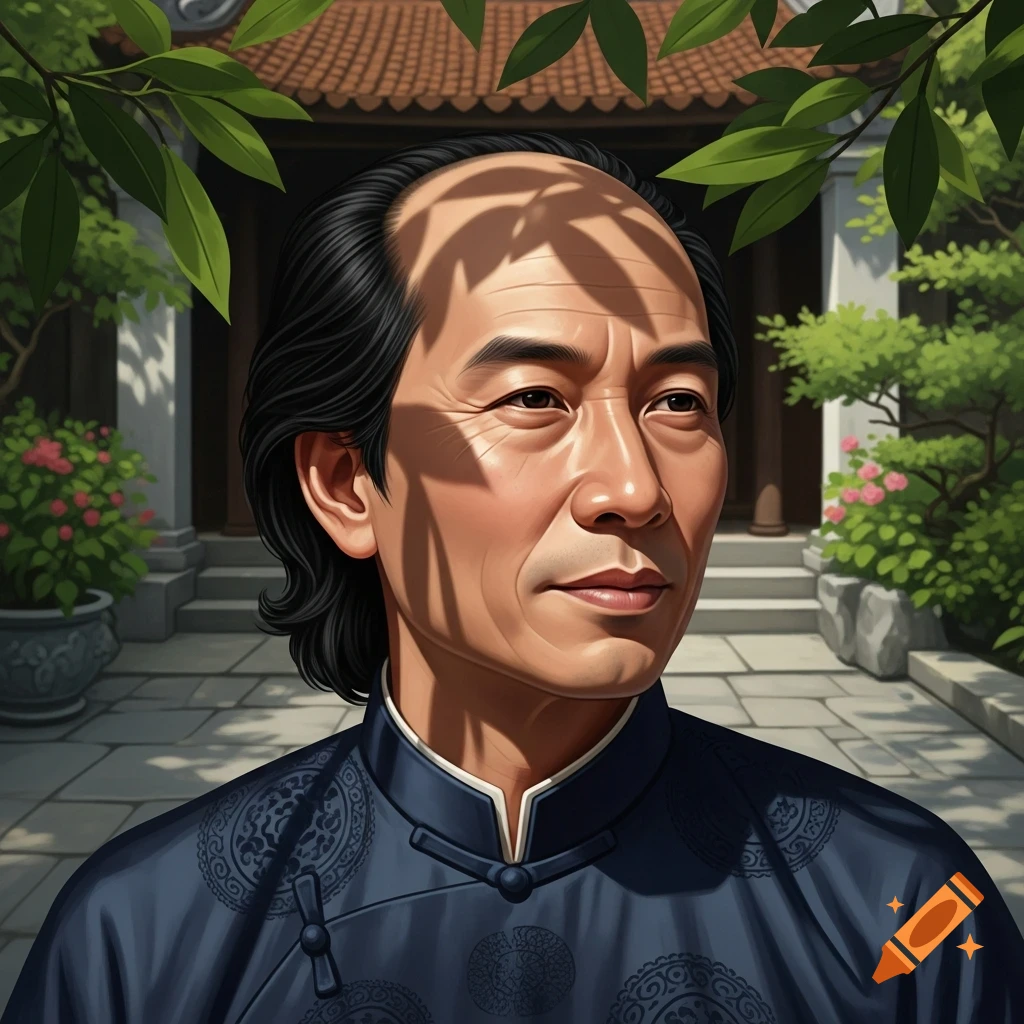 Digital art of a middle-aged Asian man with a receding hairline in a dark blue traditional tunic, set in a peaceful garden with a traditional building.