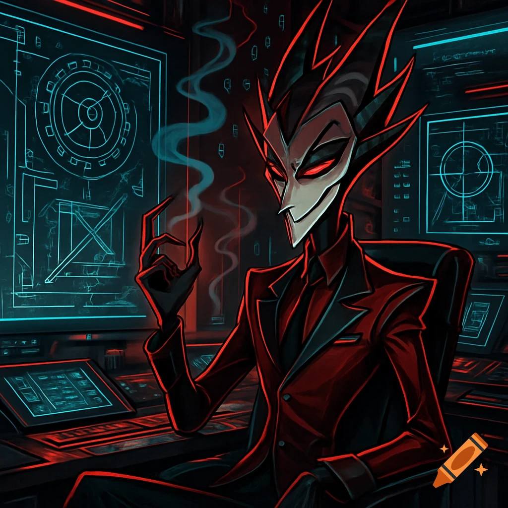 A stylized demon in a red suit with spiky hair and glowing eyes sits smoking at a computer control panel, in a Hazbin Hotel-style illustration.