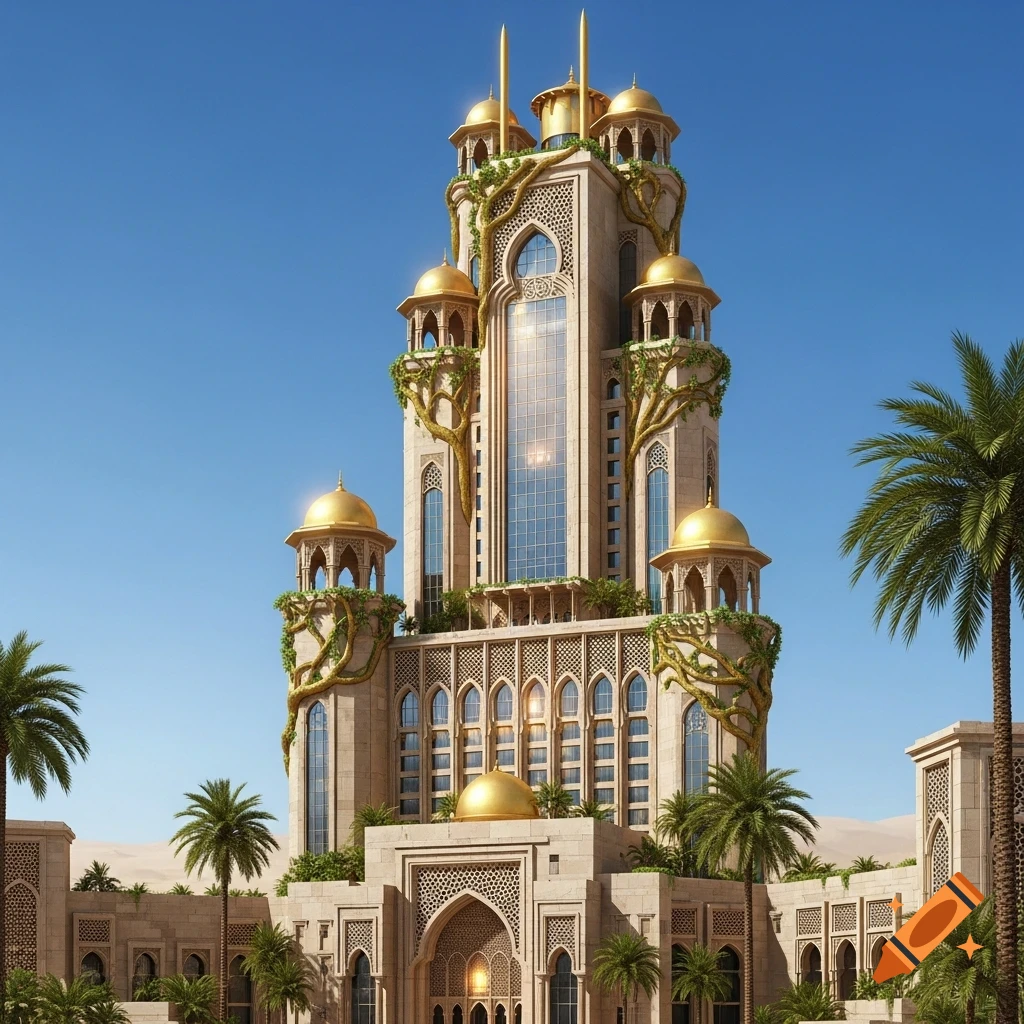 A tall, ornate building in traditional Arabic style with golden domes and green vines, set against a clear blue sky and desert landscape with palm trees.