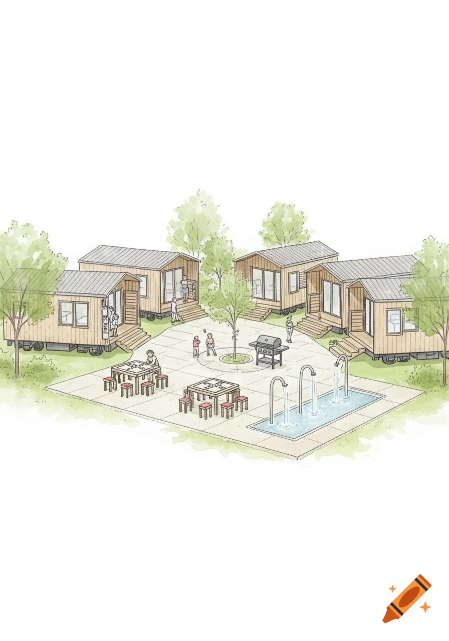 Watercolor illustration of a modular tiny home community plaza with people, domino tables, a grill, and a splash zone.