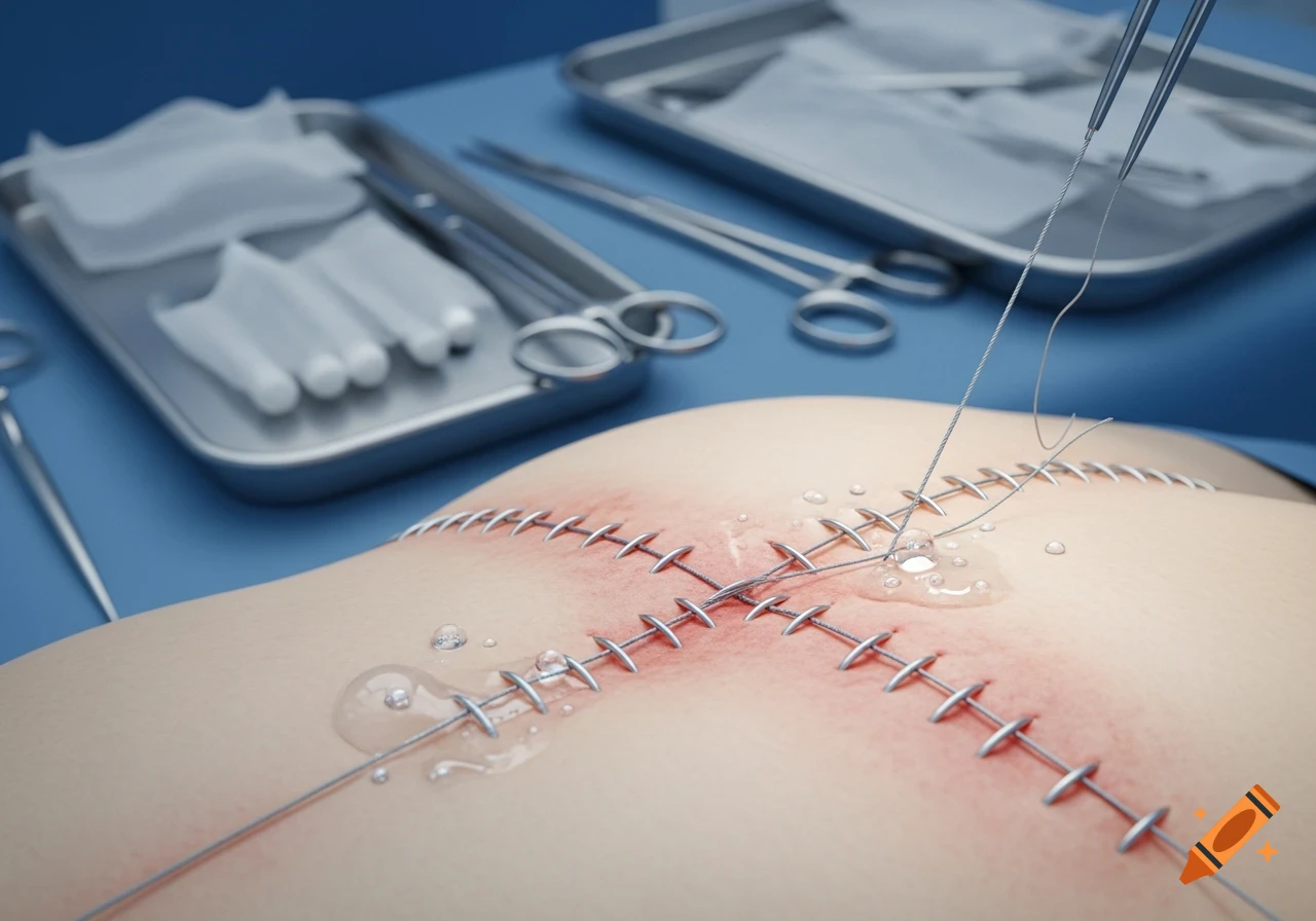 Close-up of skin with surgical stitches being applied, showing instruments like tweezers and trays on a blue sterile surface.