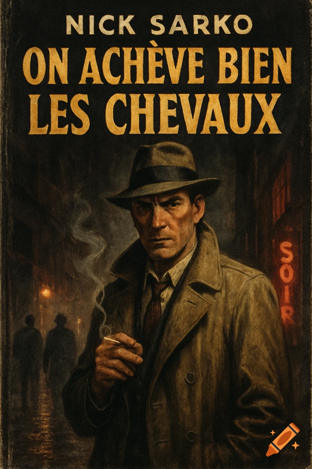 Pulp fiction book cover featuring a stern man in a fedora and trench coat, smoking a cigarette on a dark street at night, with text "NICK SARKO" and "ON ACHÈVE BIEN LES CHEVAUX".