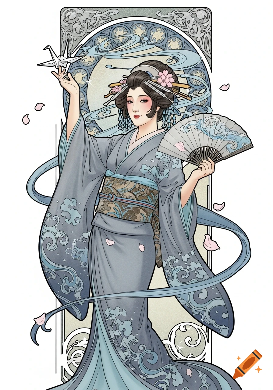 An Art Nouveau illustration of a Japanese lady in a grey-blue kimono holding a paper crane and a fan, with swirling ribbons and cherry blossoms.