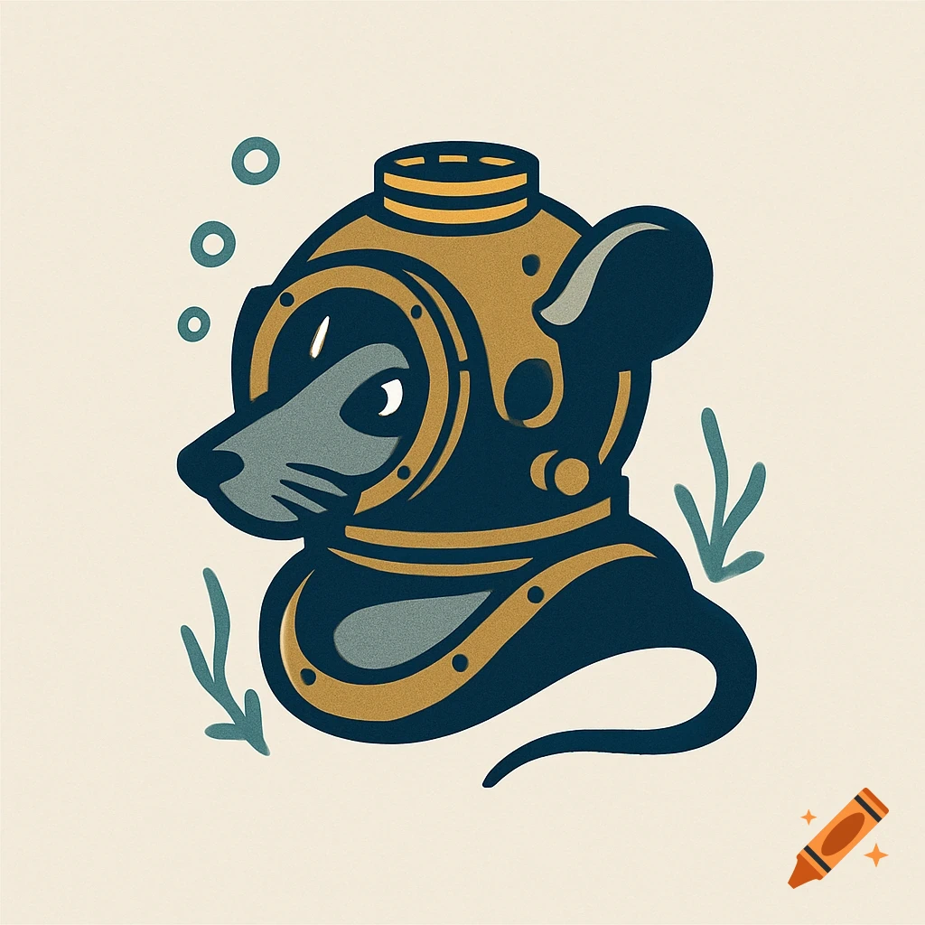 A stylized illustration of a rat's head wearing a gold and dark blue diving helmet, with bubbles and plant elements.