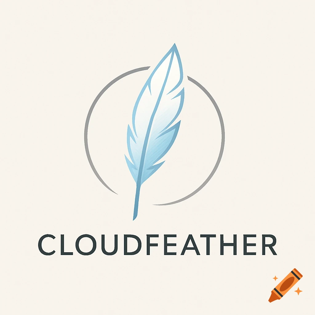 A simple logo featuring a stylized blue feather within a gray circle, with the word "CLOUDFEATHER" below it.