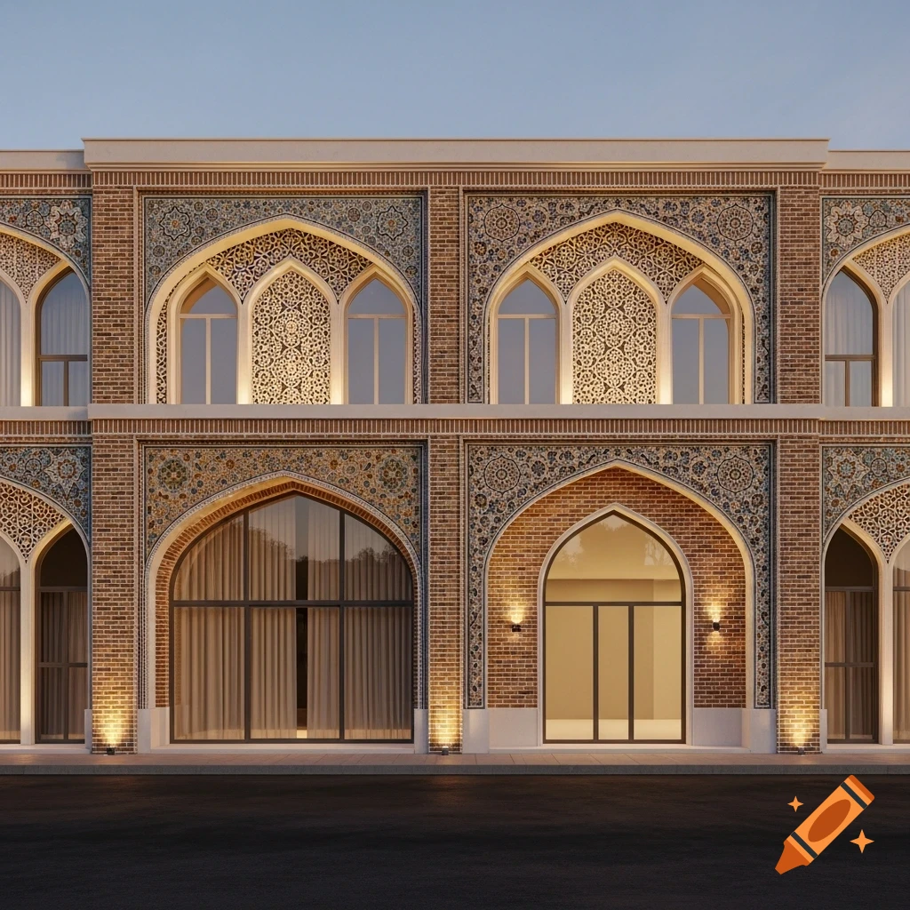 Detailed architectural facade blending traditional Persian and modern minimalist design with brickwork, arches, geometric patterns, and warm lighting.