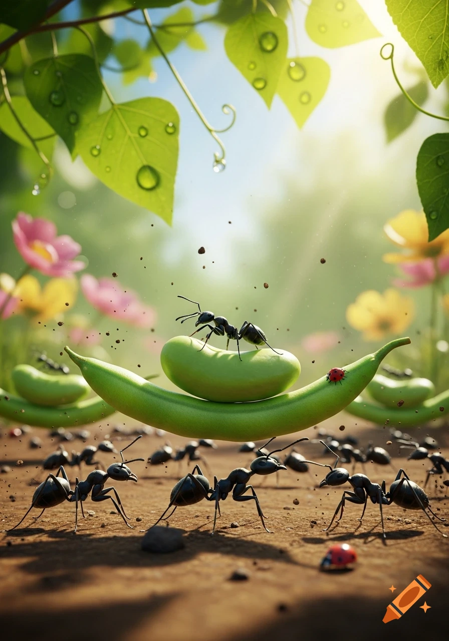 Macro shot of black ants on a dirt path carrying green beans, with a ladybug, under sunny green leaves and colorful flowers.