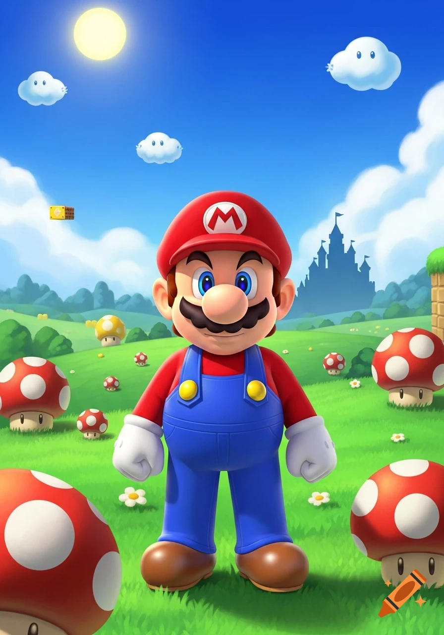Stylized image of Mario in a vibrant green field with red and yellow mushrooms under a blue sky with a castle and smiling clouds.