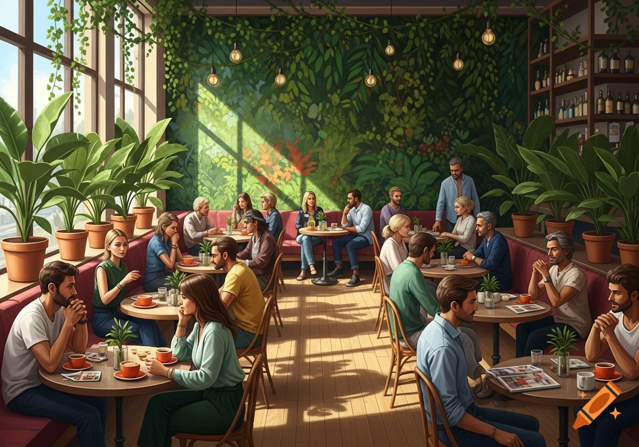 A bustling cafe with a lush green, jungle-themed wall. Patrons sit at tables, drinking coffee and socializing, bathed in sunlight from large windows.
