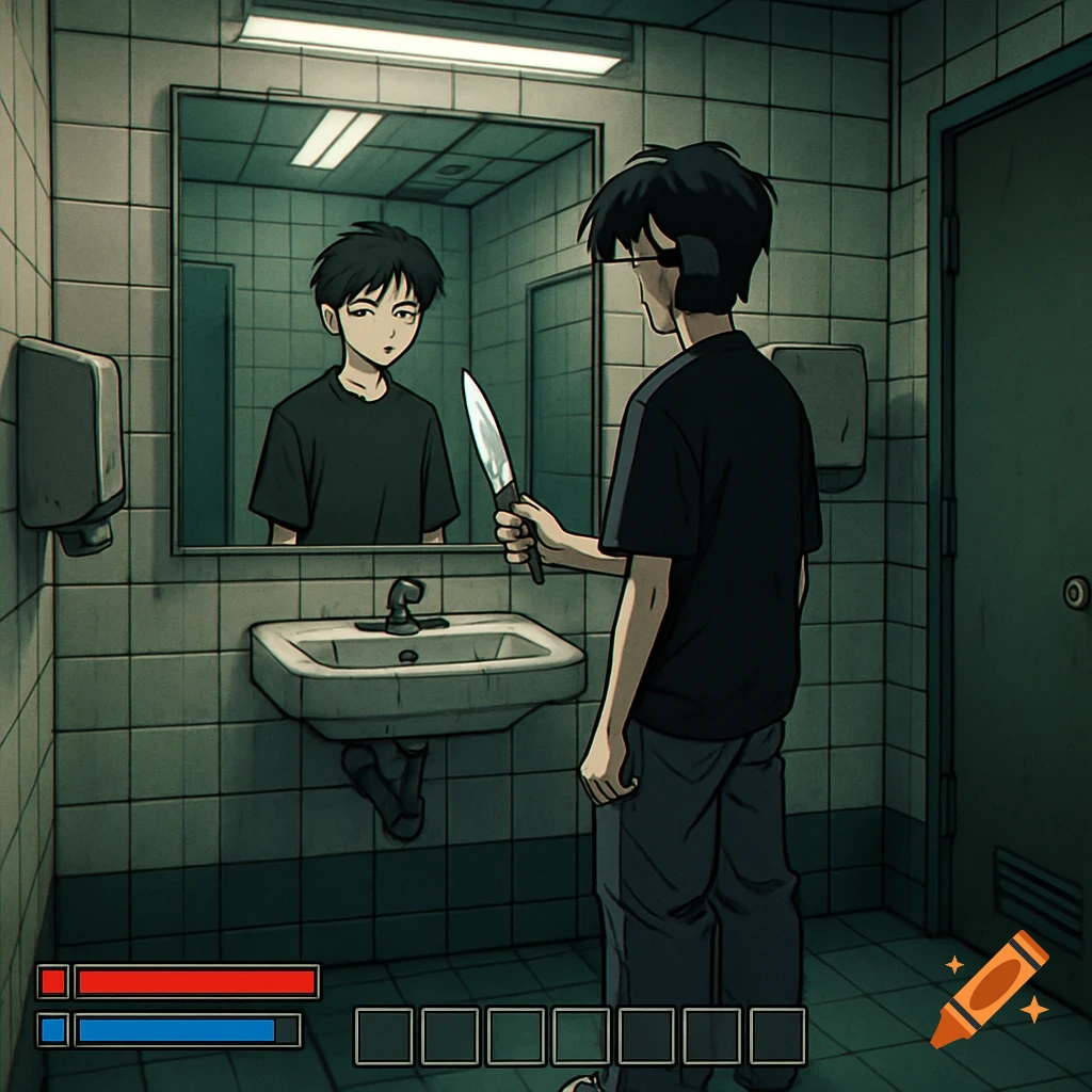 An anime-style character in a public restroom holds a knife, staring at their reflection in a mirror. Video game UI elements are at the bottom.