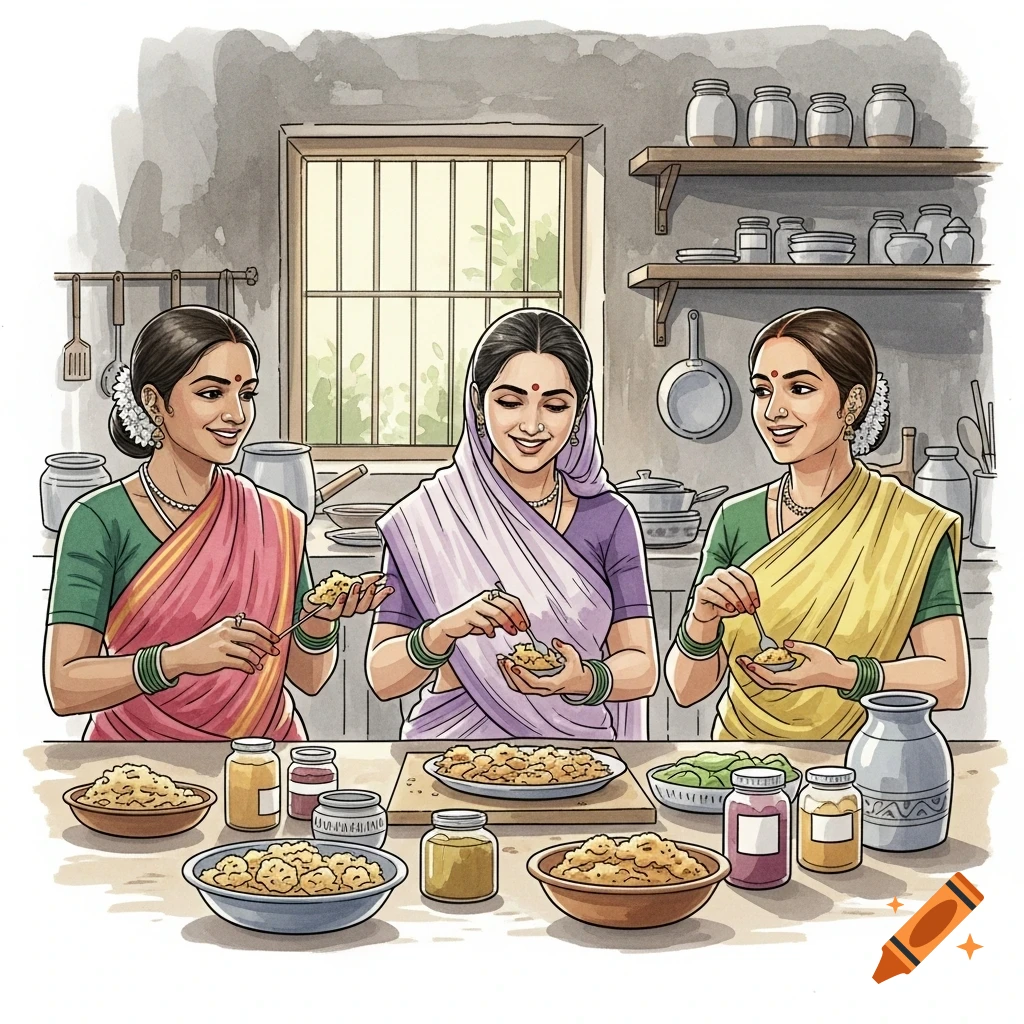 Three smiling Indian women in traditional attire prepare food in a cozy, sunlit kitchen in a watercolor style.