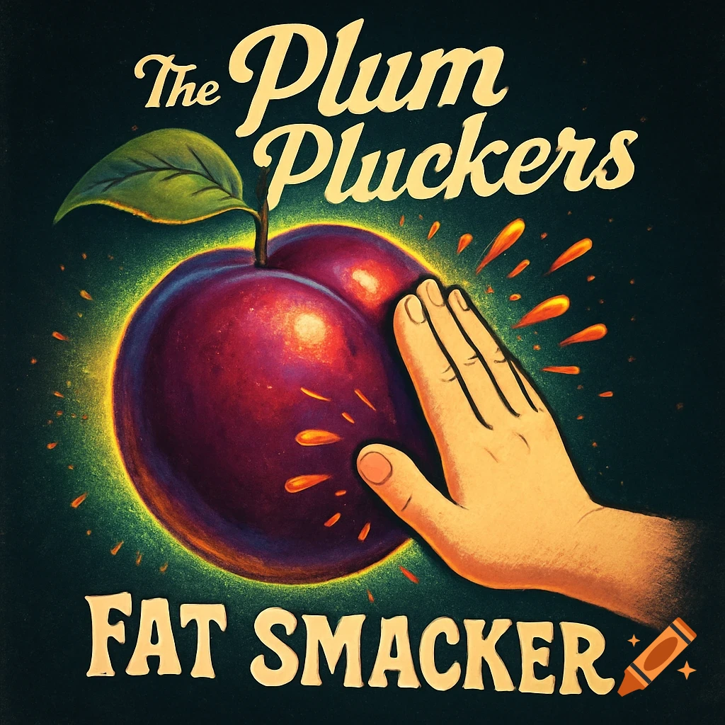 Vintage style album cover illustration shows a hand slapping a plum shaped like buttocks, with 'The Plum Pluckers' and 'FAT SMACKER' text.