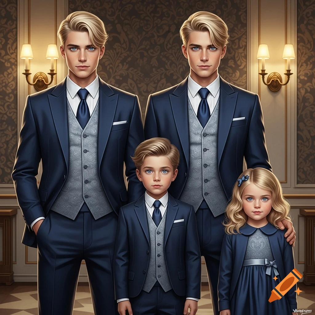 A formal portrait of four blonde-haired, blue-eyed siblings: two tall men in dark blue suits, a young boy in a suit, and a young girl in a blue dress, standing in an ornate room.