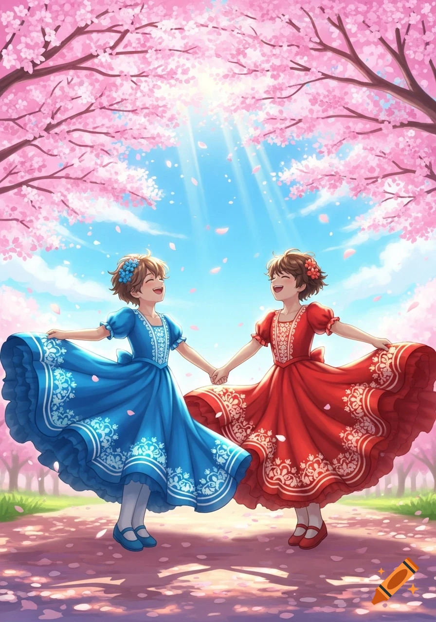 Two smiling anime children in blue and red dresses hold hands, twirling under pink cherry blossom trees on a sunny spring day with falling petals.