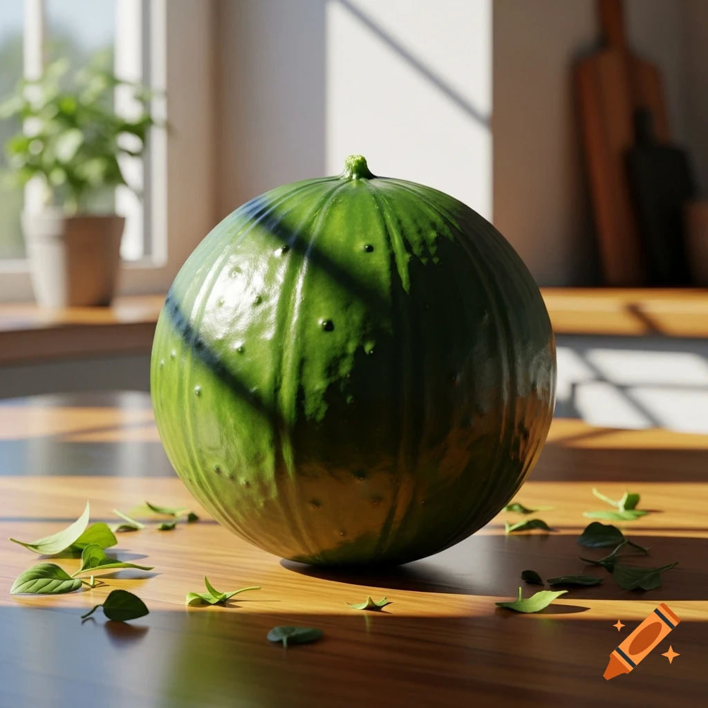 A photorealistic green, ball-shaped cucumber or melon sits on a wooden table, bathed in sunlight with window shadows and scattered leaves.