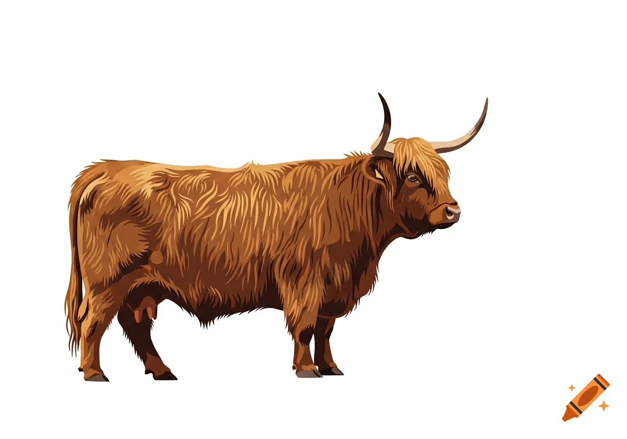 A brown, shaggy Highland cow with horns, depicted in a vector clipart style on a white background.