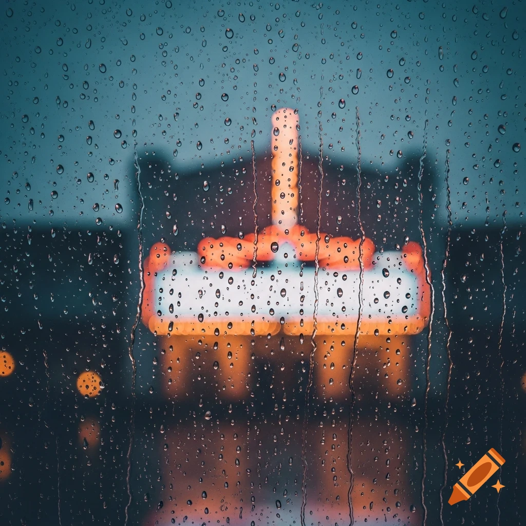 Raindrops on a windowpane with blurred orange and white city lights in the background, creating a moody urban scene.