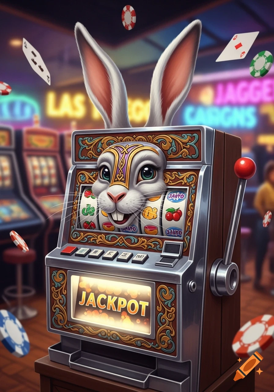 An anthropomorphic rabbit head with large ears emerges from the top of a detailed slot machine, which displays 'JACKPOT' and casino symbols, surrounded by floating playing cards and poker chips in a neon-lit casino.