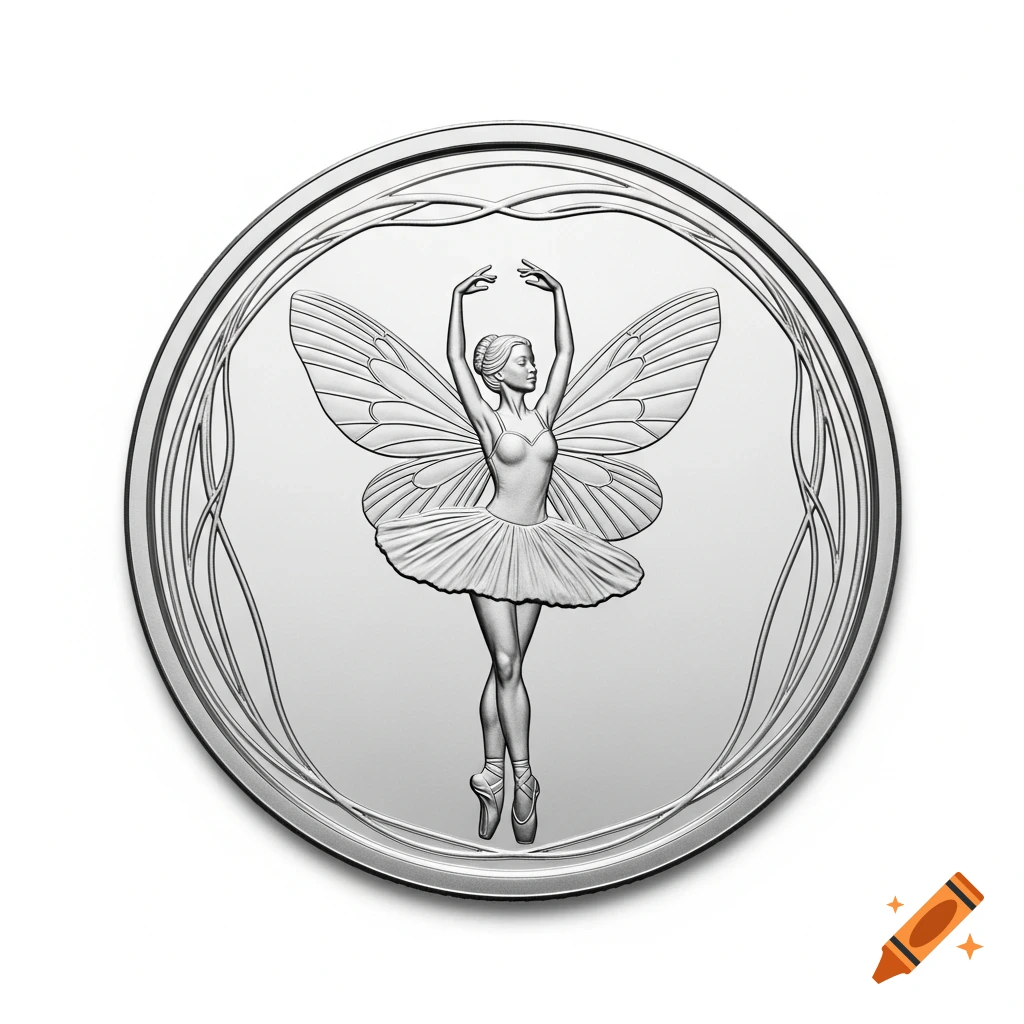 Silver coin relief of a fairy ballerina with wings and a tutu, arms raised, in an elegant pose.
