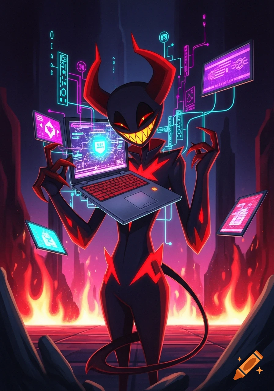 A stylized demon with horns, glowing eyes, and a tail, holding a laptop in a cyberpunk-hellscape with digital interfaces.