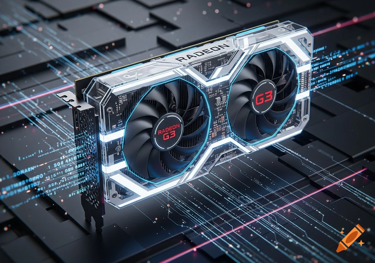 Close-up of a high-tech Radeon G3 graphics card with dual fans and blue LED lighting on a dark, circuit-like background.