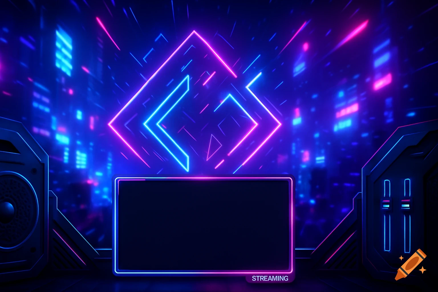 A futuristic streaming overlay with glowing blue and pink neon geometric shapes, a blank screen, and side panels, against a dark, sci-fi cityscape background with "STREAMING" text.