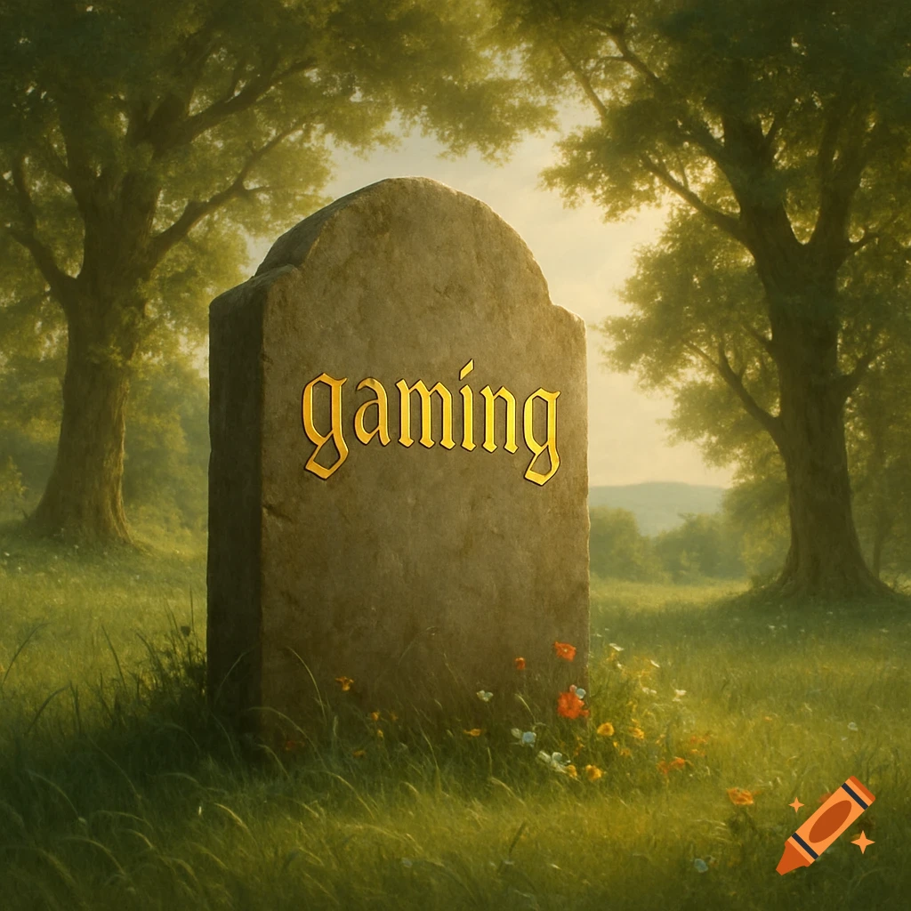 A stone headstone with the word "gaming" inscribed in gold, standing in a lush, sunlit grassy field with trees in the background.