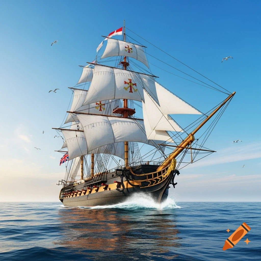 A detailed photorealistic sailing ship with white sails and flags, including a Union Jack, cuts through blue ocean waves under a bright sky.