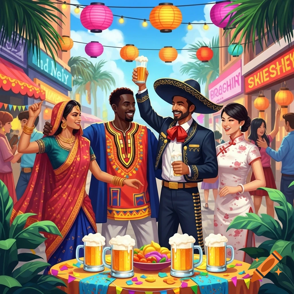 Illustrative image of a diverse group in traditional attire celebrating outdoors with beer, snacks, and lanterns.